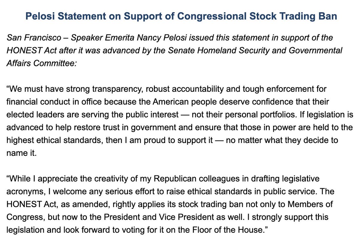 🚨 BREAKING : "Pelosi esprime supporto per il divieto di trading azionario al Senato: un tentativo di salvare la faccia?"