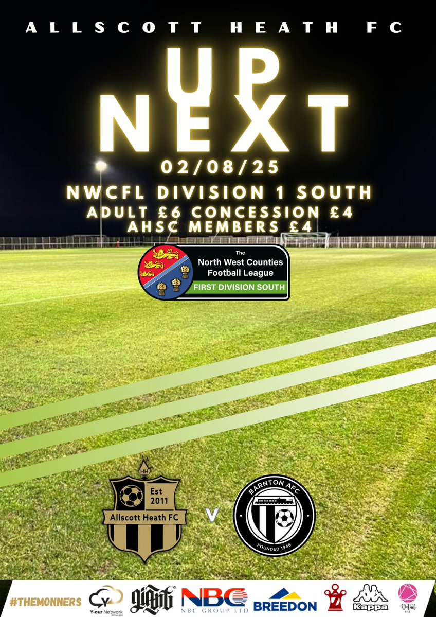 Allscott Heath FC (@allscottheathfc) on Twitter photo Up Next :-
Allscott Heath FC vs <a href="/barntonfc/">Barnton AFC</a>
π The <a href="/Giantstud_io/">Giant Studio</a> Stadium
π
02/08/25
π 15:00
π₯€ Refreshments available on-site!
π Pre-order your matchday programme NOW to ensure you donβt miss out!
Letβs pack The Giant stadium and back the lads!
#themonners Up Next :-
Allscott Heath FC vs <a href="/barntonfc/">Barnton AFC</a>
π The <a href="/Giantstud_io/">Giant Studio</a> Stadium
π
02/08/25
π 15:00
π₯€ Refreshments available on-site!
π Pre-order your matchday programme NOW to ensure you donβt miss out!
Letβs pack The Giant stadium and back the lads!
#themonners