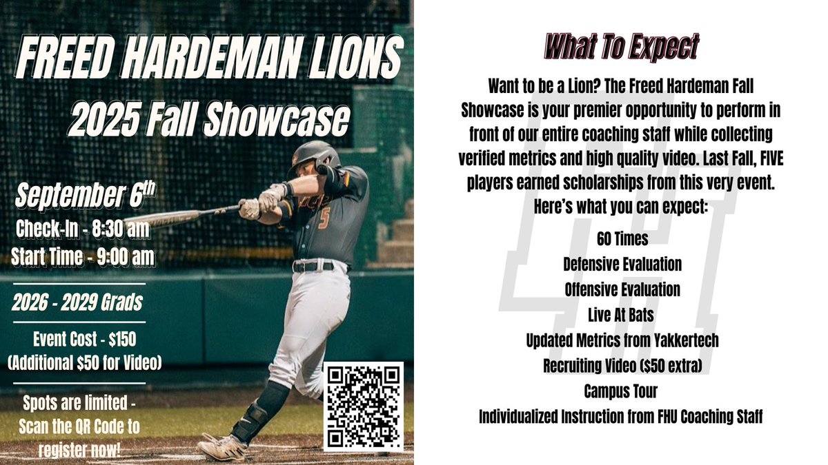 Your future in college baseball starts here.

Get in front of our staff. Compete hard. Be a Lion.

Scan the QR Code or click the link to register today!
gofhulions.com/sb_output.aspx…