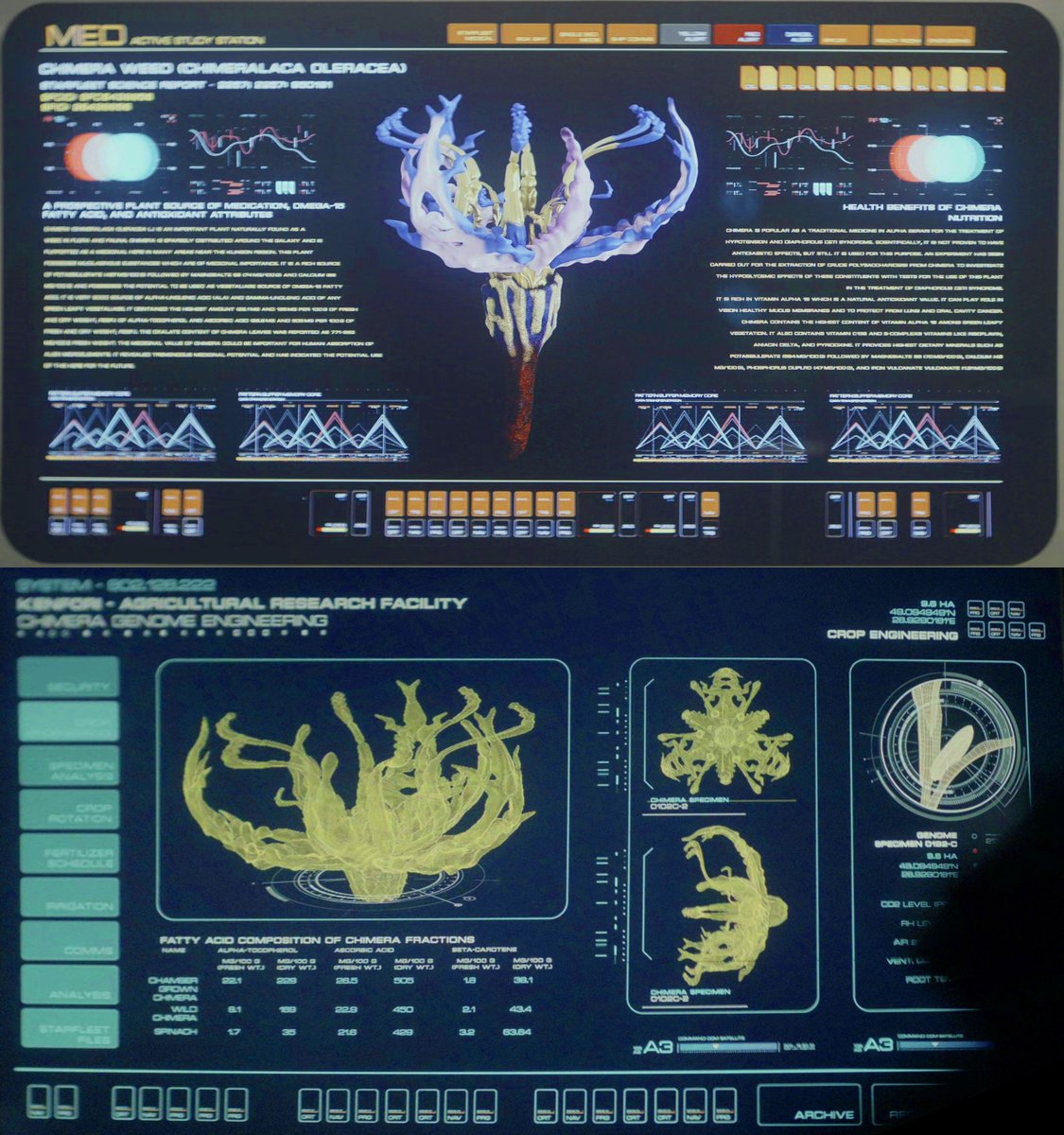 Here are the two displays featuring background details about the Chimera weed that are seen in #StarTrekSNW's "Shuttle to Kenfori". "Oleracea" means "vegetable" or "herbaceous". I love all those detailed graphics with background information...and so does Memory Alpha! :-)