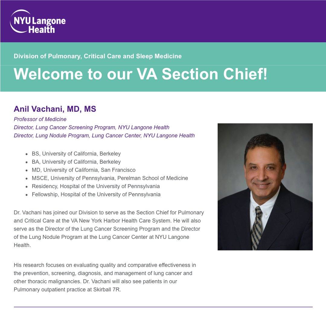 📣 Please join us in welcoming Dr. Anil Vachani as our new VA Section Chief for #PCCM!
Dr. Vachani brings incredible expertise in lung cancer screening and thoracic oncology. We're thrilled to have him on our team! 
#LungCancer #Meded