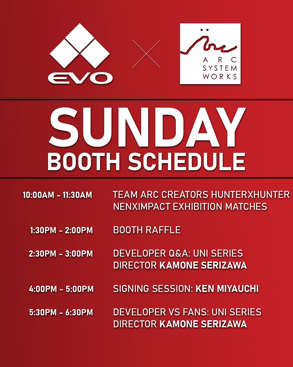 🔊 Arc System Works #EVO2025 Schedule is LIVE!

Please see the daily schedules attached showcasing all of the activities happening on the show floor! ✨

We look forward to seeing everyone at the show!

#GGST #UNI2 #HxHNI #MarvelTokon