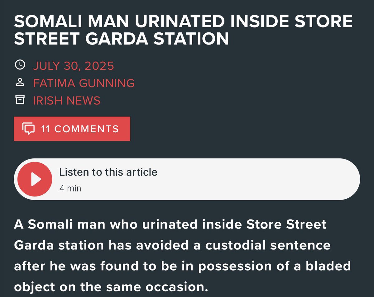A Somali the came to Ireland through family reunification who had 3 knife charges in Ireland walked into a Gardai station and pissed all over the place.

Him and his family need to be deported.