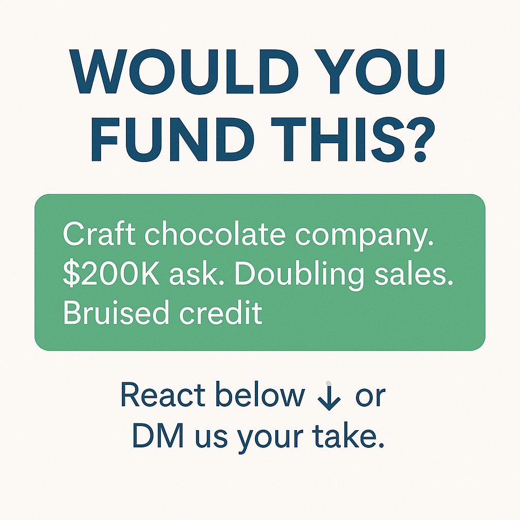 _agilesolutions's tweet photo. WOULD YOU FUND THIS?

A craft chocolate biz wants $200K. They have:

💰Doubling sales
🆕22 new retail partners
🩹Bruised credit

They say better equipment = triple production.

Would you fund the deal?

#BusinessFunding #SmallBusinessFinance #FastCapital #GrowthCapital https://t.co/xnxWRNhQZ8