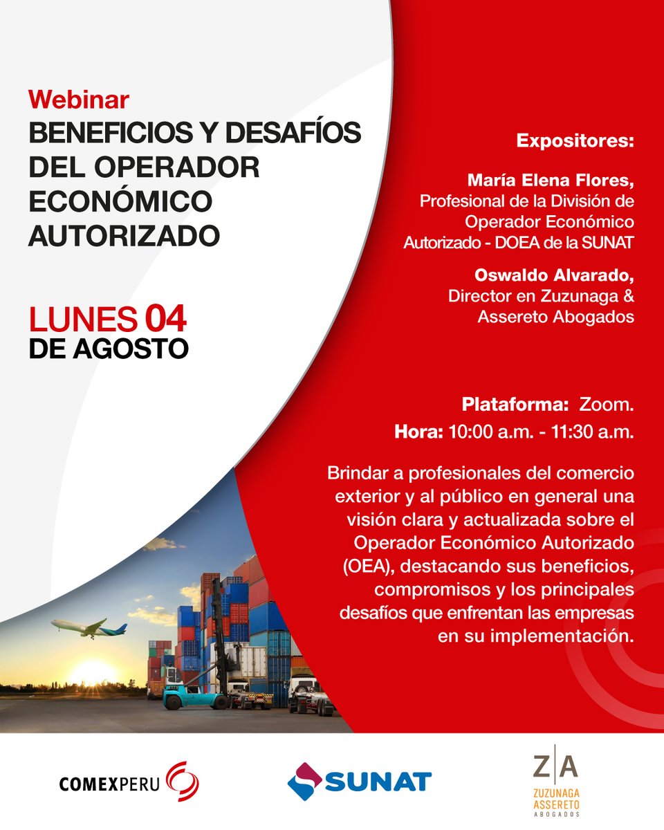 🚛🌍 ¡No te pierdas el webinar sobre los Beneficios y Desafíos del Operador Económico Autorizado (OEA)!

🆓 REGÍSTRATE GRATIS y conoce cómo esta certificación puede facilitar tus operaciones de comercio exterior, reducir riesgos y abrir nuevas oportunidades.

👥 Escucha a