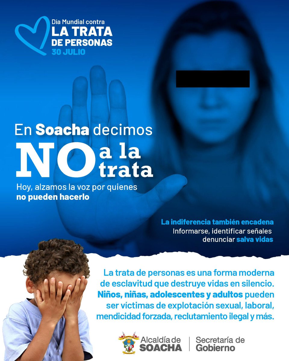 En Soacha no hay espacio para la indiferencia.
Hoy alzamos la voz contra la trata de personas, una forma cruel de violencia que no tiene cabida en nuestra sociedad.

#SecretariadeGobierno
#SoachaLuchaContraLaTrataDePersonas
#SoachaProtegeLaVida