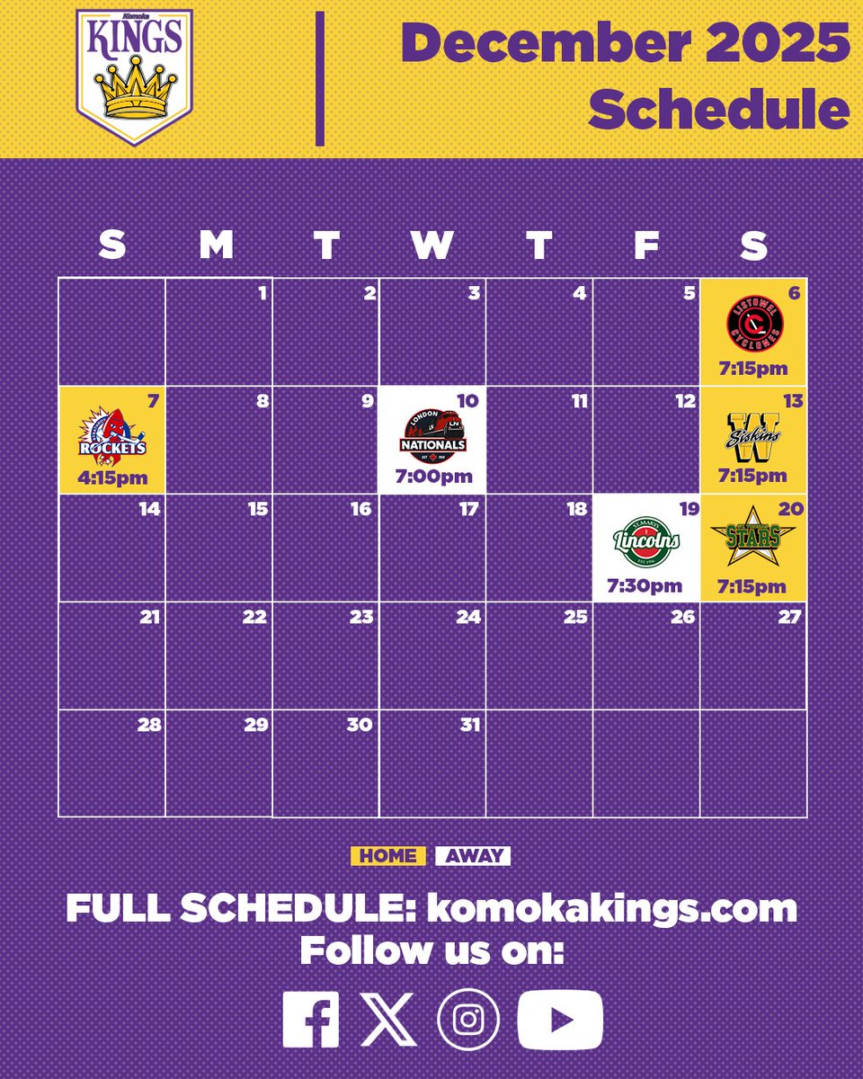 We’ve got a schedule to drop!

Introducing all 50 of our games for the 2025-2026 season, beginning at home on September 13th and wrapping up at home on March 7th! 

We can’t wait to see you down at the Wellness Centre very soon! (1/2)

#OurKingdom👑 #komoka #GOJHL