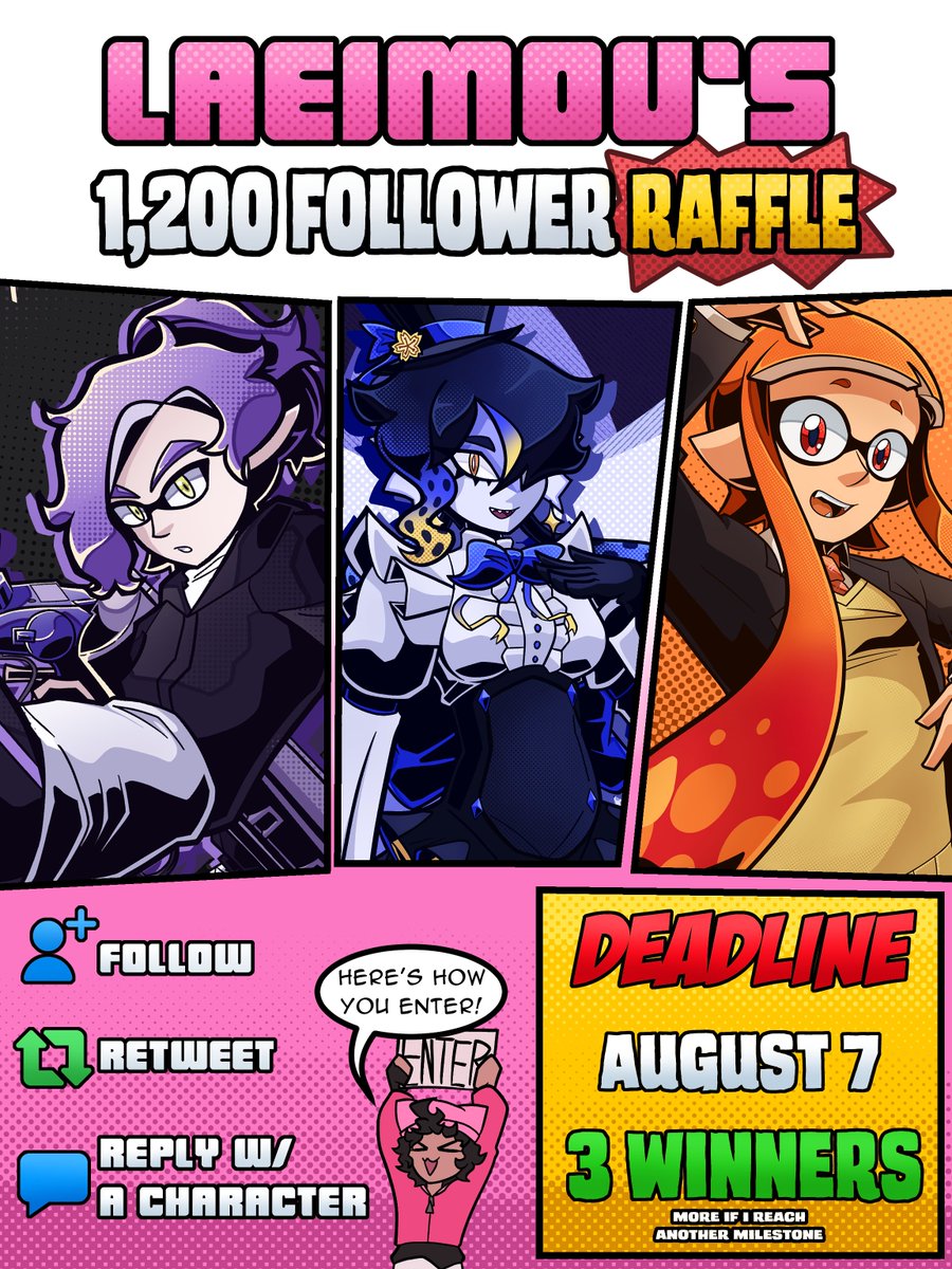 Very late raffle post yippee!!

To enter:
-Follow
-Retweet
-Reply w/ a character

3 Winners will be chosen on August 7!
#splatoon #splatoon3 #splatoonart