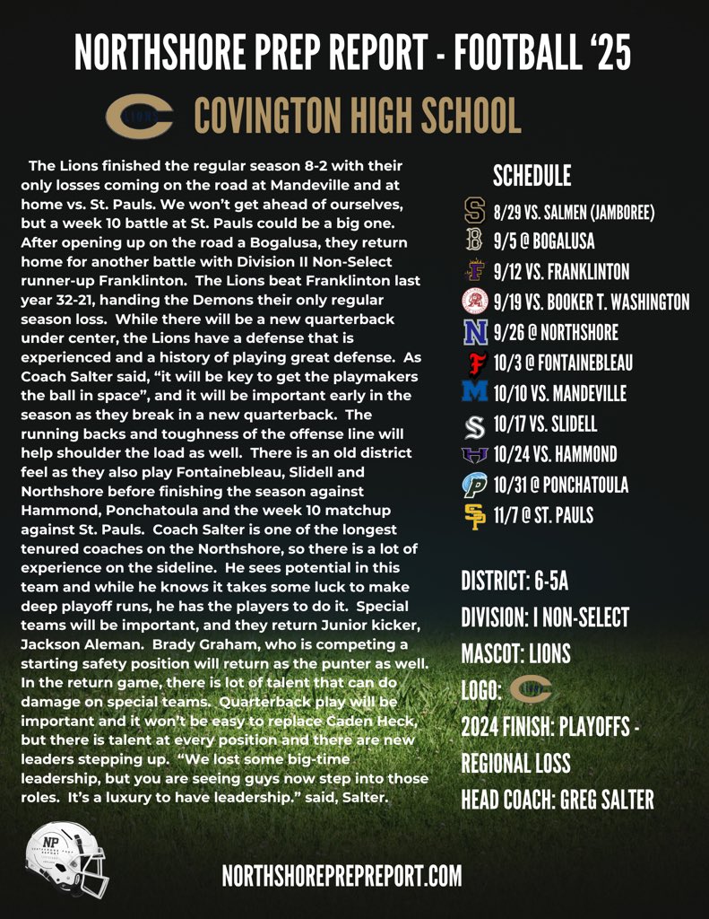 FOOTBALL 🏈🏈🏈

We continue our preseason coverage with Covington High School. 

After a great regular season, the Lions lost in the regional round to Neville last season. Coach Greg Salter has a lot of talent and experience returning on defense. He looks to break in a new