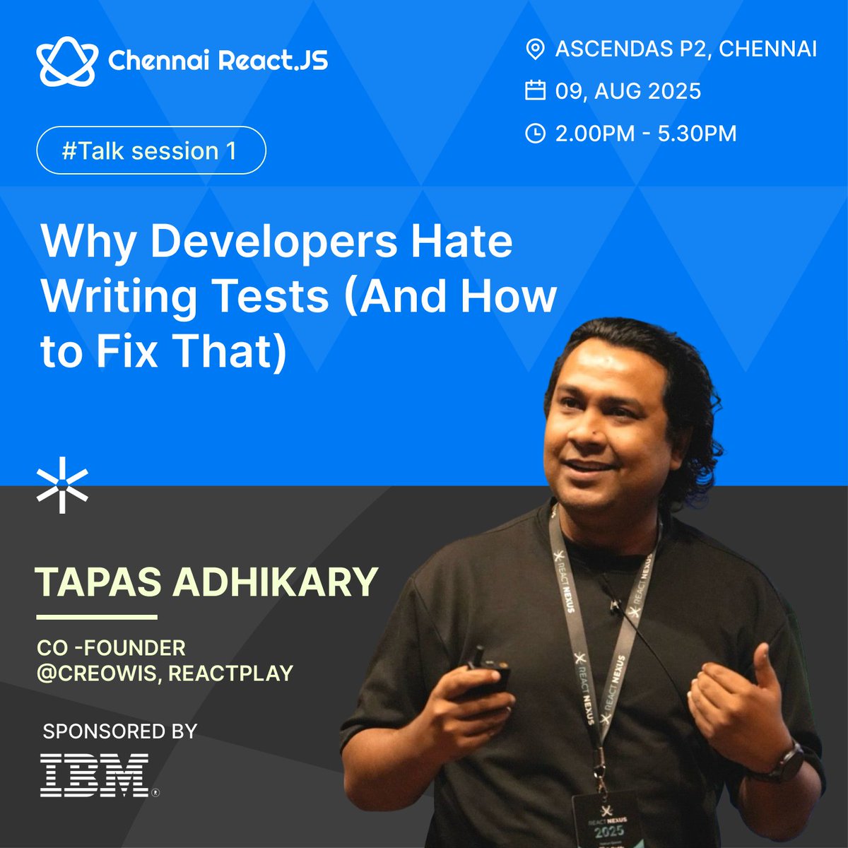 Chennai React (@chennaireact) on Twitter photo We are excited to introduce <a href="/tapasadhikary/">Tapas Adhikary | tapaScript</a>, Co-Founderย at <a href="/creowistech/">CreoWis Technologies</a>, as a speaker at our upcoming Chennai React in-person meetup
Join us to explore why developers hate writing tests and how to fix that.
Reserve your spot here: lu.ma/srifcjng We are excited to introduce <a href="/tapasadhikary/">Tapas Adhikary | tapaScript</a>, Co-Founderย at <a href="/creowistech/">CreoWis Technologies</a>, as a speaker at our upcoming Chennai React in-person meetup
Join us to explore why developers hate writing tests and how to fix that.
Reserve your spot here: lu.ma/srifcjng