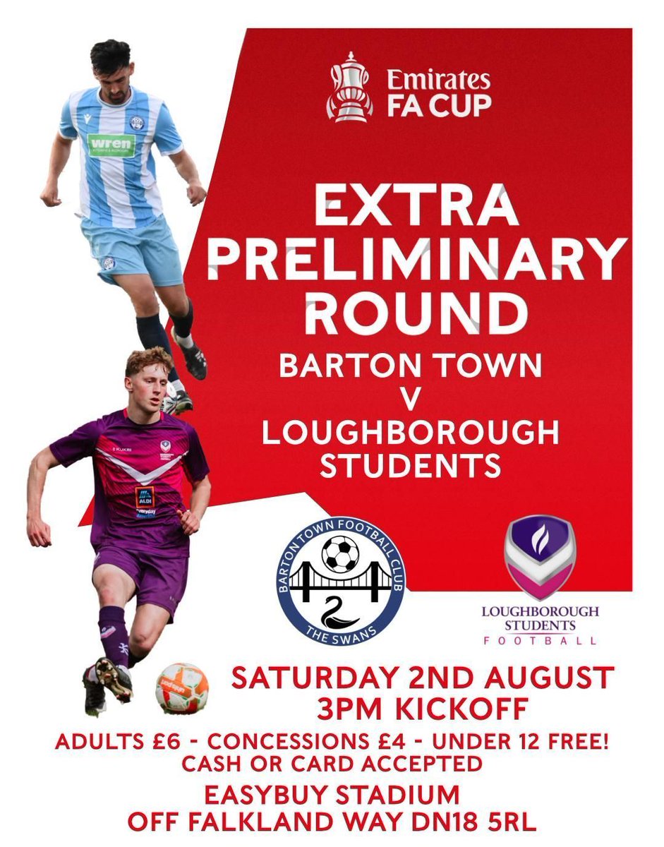 BREAKING NEWS!
The venue for this Saturday's Loughborough Students ( <a href="/LboroStudentsFC/">Lboro Students FC Men's</a> ) v Barton Town ( <a href="/BartonTownFC/">Barton Town FC</a> ) match has moved to the EasyBuy Stadium in the heart of Barton!