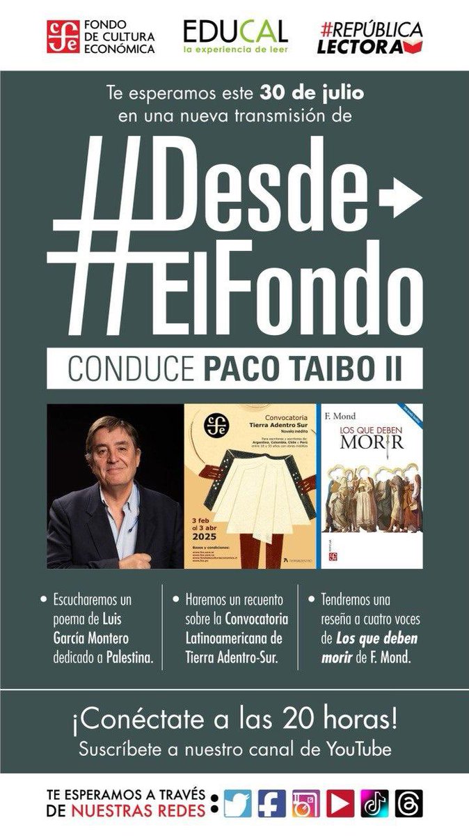 Fondo de Cultura Económica (@fcemexico) on Twitter photo Como cada miércoles, esta noche te esperamos en #DesdeElFondo: recuento sobre la convocatoria <a href="/TierraAdentro/">Tierra Adentro</a>-Sur; reseña de "Los que deben morir" #ColecciónPopular, toda la info sobre el Concurso <a href="/LaCienciaparaT2/">La Ciencia para Todos</a> y un poema de Luis García Montero dedicado a #Palestina ¡no lo Como cada miércoles, esta noche te esperamos en #DesdeElFondo: recuento sobre la convocatoria <a href="/TierraAdentro/">Tierra Adentro</a>-Sur; reseña de "Los que deben morir" #ColecciónPopular, toda la info sobre el Concurso <a href="/LaCienciaparaT2/">La Ciencia para Todos</a> y un poema de Luis García Montero dedicado a #Palestina ¡no lo