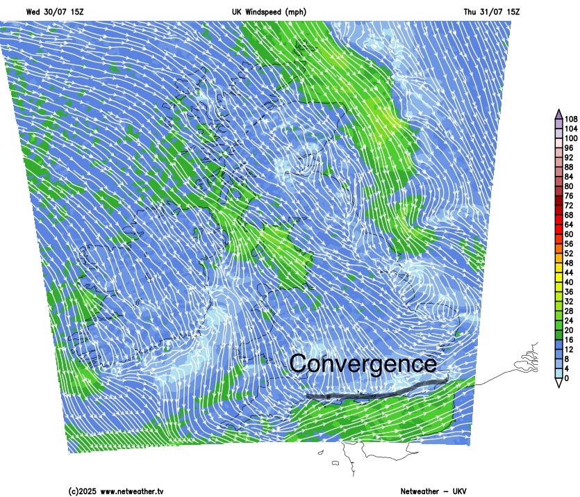 NickJF75's tweet photo. Pictorial explainer of why I have delineated a 60% risk of thunderstorms across coastal southern England tomorrow afternoon due to convergence. However, risk of storms elsewhere across southern UK as shortwave trough moving ESE creates lift of warm/humid airmass across the south https://t.co/3JVWayc3KY
