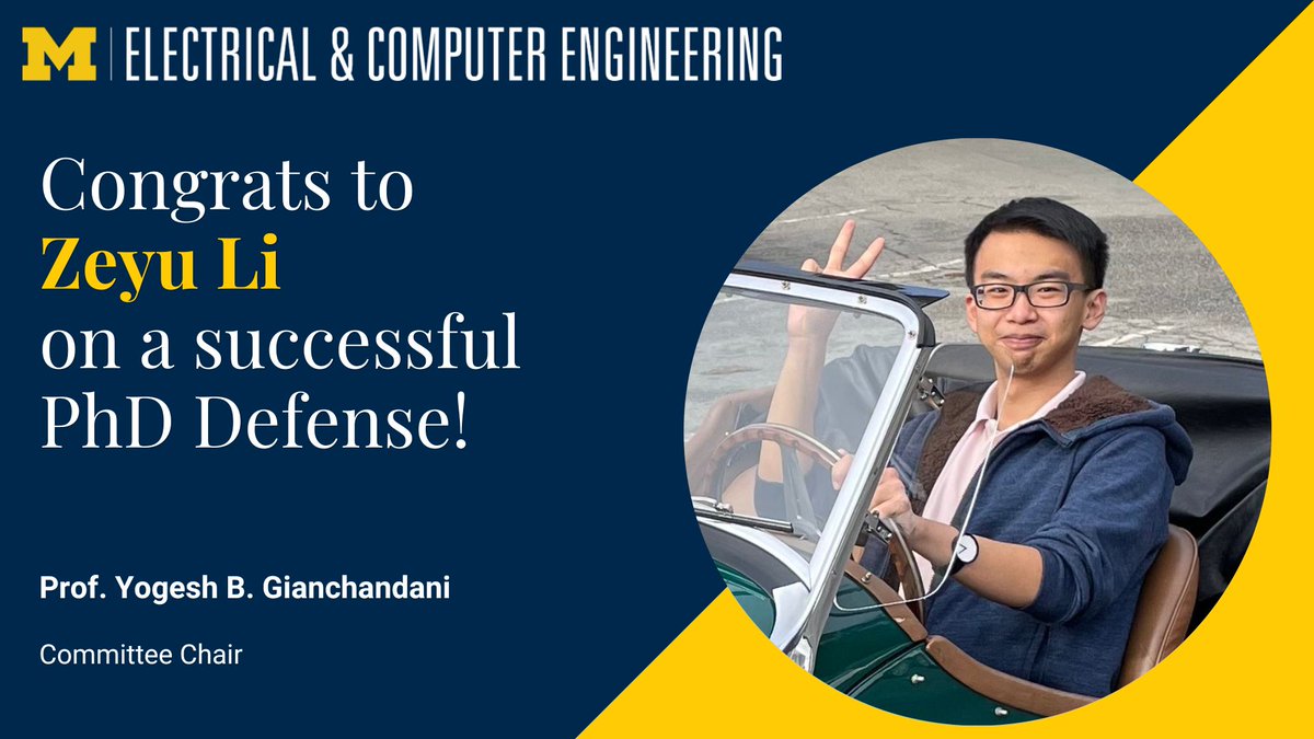 UMichECE's tweet image. 🎉 Congrats to Zeyu Li on his PhD defense!
His research developed wireless magnetoelastic sensors that can measure air quality in real time and detect medical stent blockages early—helping improve environmental monitoring and patient care. #PhDDefense #WirelessSensors #goblue