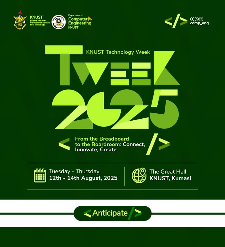 Join us from August 12 to 14 at the Great Hall, KNUST, for innovation, inspiration, and cutting-edge tech. Don’t miss out! <a href="/ekakowuah/">Prof. Emmanuel Kofi Akowuah, PhD</a> #KNUST #TWEEK25