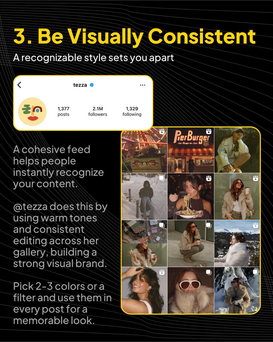 veryvalidco's tweet image. 3️⃣ Be Visually Consistent

People remember what they recognize. The best creators have a “look” that’s unmistakable.

#tezza uses warm tones and similar edits across all her posts.

Pick a couple of colors or filters and build your visual brand. It really works!