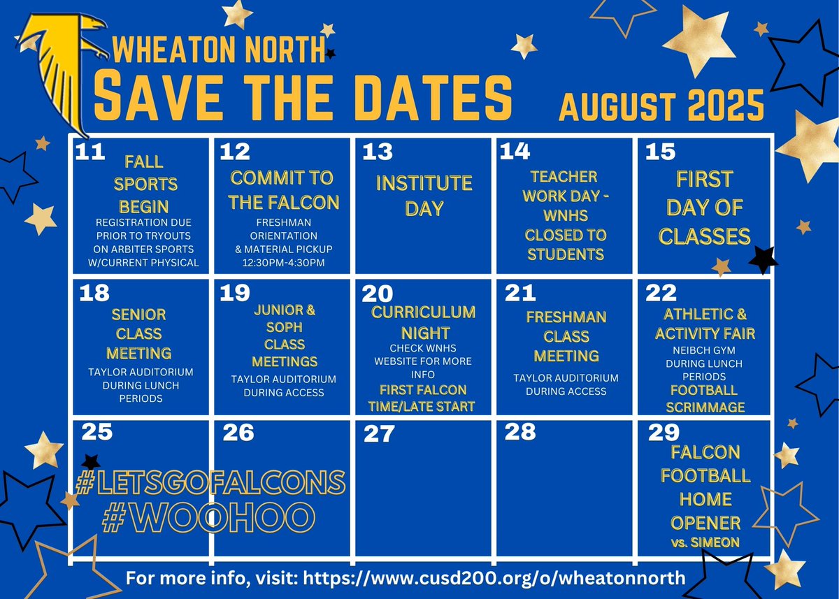 Hey Falcons! August is coming &amp; we cannot wait to see you!! Here are some important dates! 💙💛💙💛