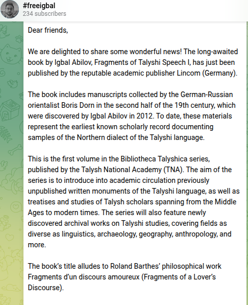 Nigar2002290730's tweet photo. Finally, Igbal's fundamental work has been published. This is the first edition in the Bibliotheca Talyshica series, published by the Talysh National Academy (TNA).
You can order the book here: https://t.co/A8U8Ee4eec

#FreeIgbalAbilov
#BeingTalyshIsNotACrime
#ScienceIsNotACrime https://t.co/qZ3NZOZiPm