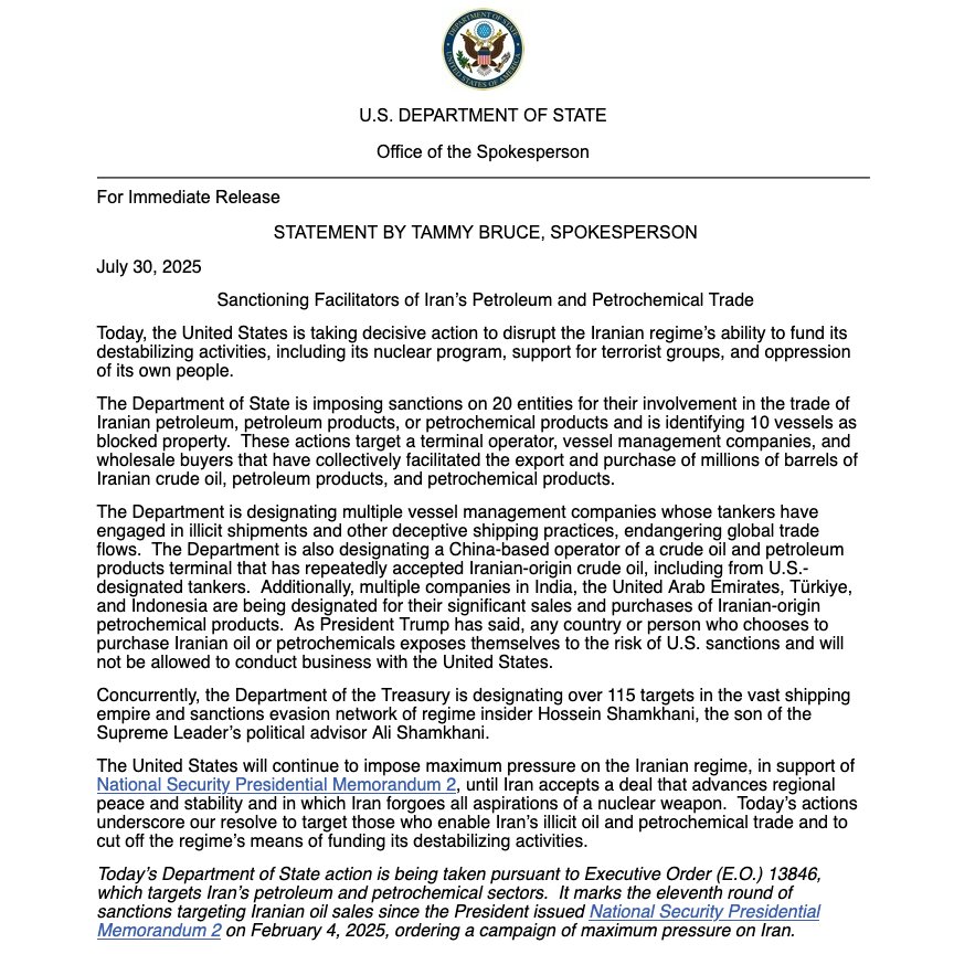 JUST NOW!!!    U.S. Moves to Cripple Iran's Funding with Sweeping New Sanctions 

DoS Statement 👇