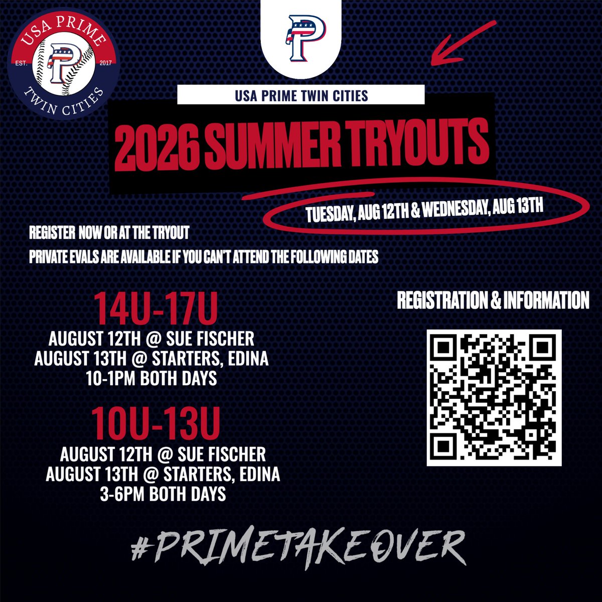 🚨 USA Prime Twin Cities Tryouts: Ballplayers Wanted! 🚨

🏆 We are looking for ELITE level players ready to take their game all the way to the TOP 🔝

⚾ Opportunities to play for top caliber teams!
⚾ Be a part of an organization that is recognized nationwide
⚾ Access to an
