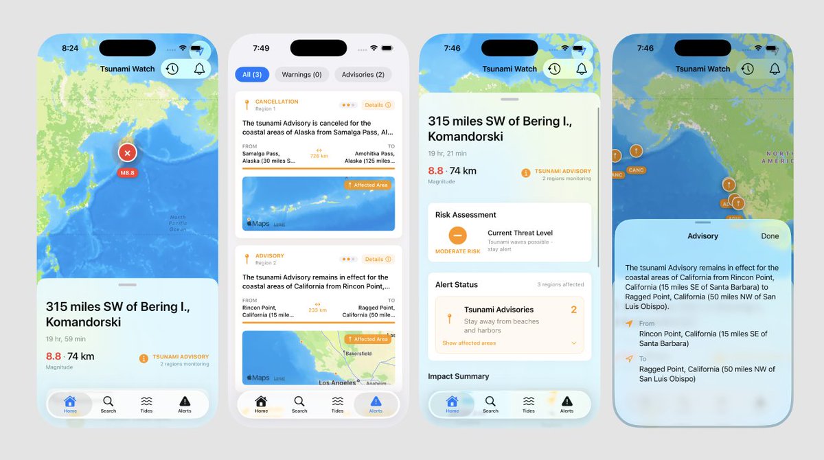 Today I vibe-coded 🌊  TsunamiWatcher - a real-time Pacific Ocean monitoring app!

Built with SwiftUI, featuring:
• Live tsunami alerts from NOAA
• Interactive Pacific Ocean maps
• Real-time earthquake tracking (magnitude, depth, location)
• Historical tsunami events database