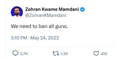 He doesn't just want to ban "assault weapons," although that is bad enough. He wants to ban all guns. 

Most antigunners secretly want to do the same, but Mamdani was honest enough to say it openly: