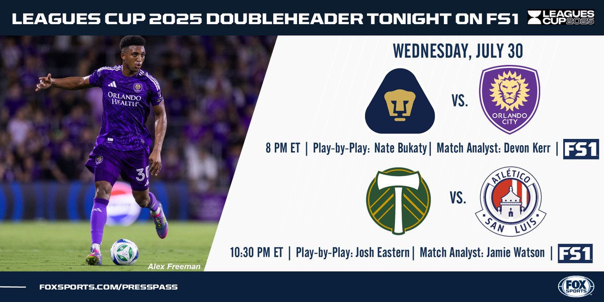 FOX Sports PR (@foxsportspr) on Twitter photo #LeaguesCup2025 leads the way Wednesday on <a href="/FS1/">FS1</a> with a doubleheader featuring <a href="/OrlandoCitySC/">Orlando City SC</a> vs. <a href="/PumasMX/">PUMAS</a> and <a href="/TimbersFC/">Portland Timbers</a> vs. <a href="/AtletideSanLuis/">Atlético de San Luis</a>. #LeaguesCup2025 leads the way Wednesday on <a href="/FS1/">FS1</a> with a doubleheader featuring <a href="/OrlandoCitySC/">Orlando City SC</a> vs. <a href="/PumasMX/">PUMAS</a> and <a href="/TimbersFC/">Portland Timbers</a> vs. <a href="/AtletideSanLuis/">Atlético de San Luis</a>.