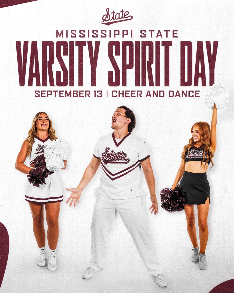 Varsity Spirit Day at Mississippi State is coming on Sept. 13! 

Join us for an unforgettable experience—perform pre-game at Davis Wade Stadium, take part in Dawg Walk, and so much more! 

Spots are limited—contact your Varsity State Director today! 

#HailState🐶
