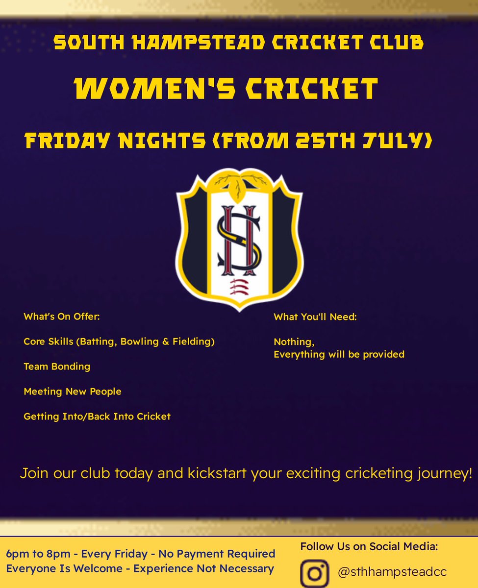 Our Women's Cricket Friday Night Sessions are coming up this Friday. Everyone is welcome. For anyone interested in coming, please fill out the form linked below. Thank you and see you Friday at 6pm! We'll be there at Milverton Road, NW6 7AR

docs.google.com/forms/d/e/1FAI…