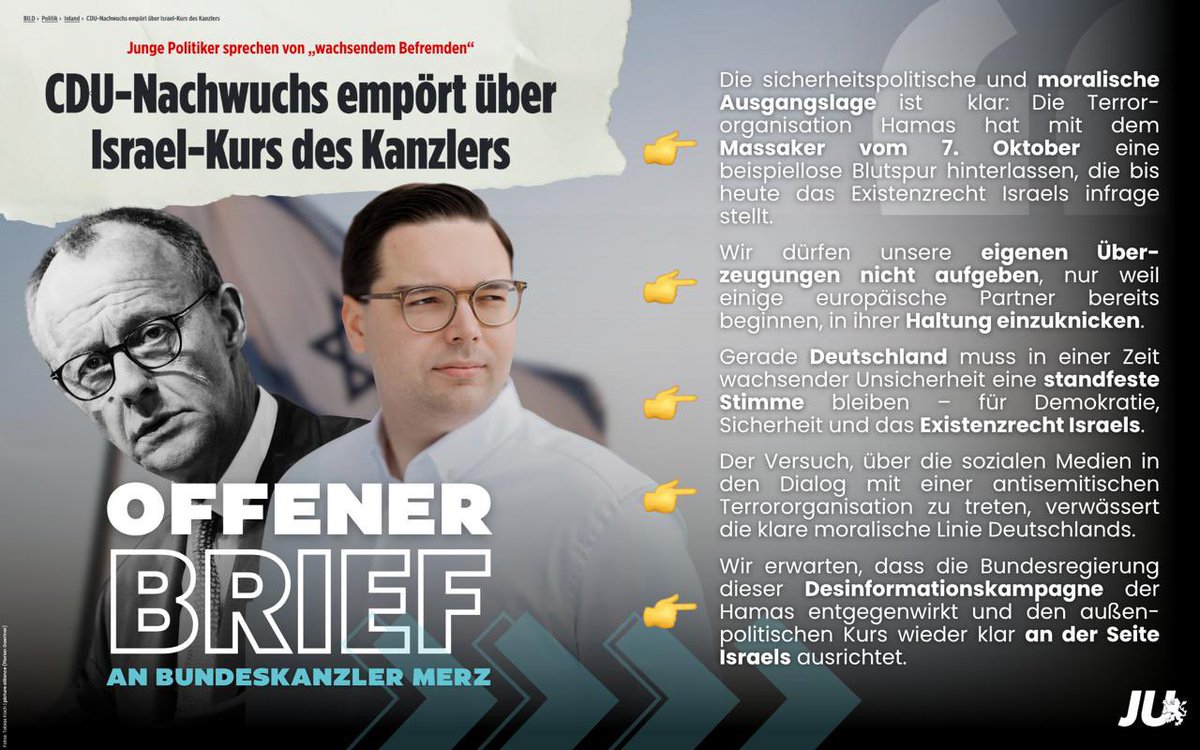 🇮🇱 Klare Kante gegen Terror – Solidarität mit Israel!

Mit großer Sorge blicken wir auf die aktuellen außenpolitischen Signale der Bundesregierung in Richtung Nahost und Israel.

Deutschland darf hier keine wankelmütigen Botschaften senden.
Unsere Haltung ist klar: