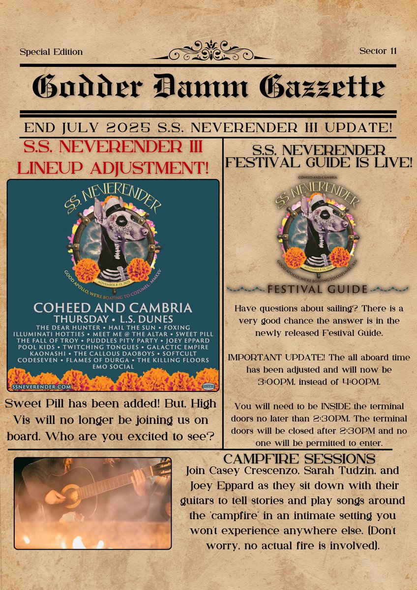 Godder Damm Gazzette (@gdgazzette) on Twitter photo Sweet Pill has been added to the <a href="/SSNeverender/">SSNeverender</a> lineup, but High Vis will no longer be sailing this go round.
Also, check out this year’s Festival Guide: ssneverender.com/program/
And get excited for campfire sessions with Casey Crescenzo, Sarah Tudzin, and Joey Eppard! Sweet Pill has been added to the <a href="/SSNeverender/">SSNeverender</a> lineup, but High Vis will no longer be sailing this go round.
Also, check out this year’s Festival Guide: ssneverender.com/program/
And get excited for campfire sessions with Casey Crescenzo, Sarah Tudzin, and Joey Eppard!