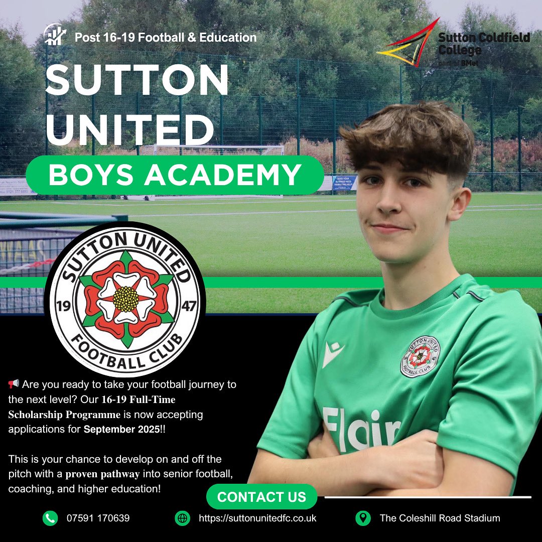 Sutton United FC (Birmingham) (@suttonutdfc) on Twitter photo Where talent meets opportunity ⚽
Hard work creates champions 💪
Ready to refine your skills, train like a pro & take your game to the next level?
✅ UEFA-licensed coaches
✅ Pro academy experience
✅ Top-tier development
✅ Sept start 🔥
📩 academy@suttonunitedfc.co.uk Where talent meets opportunity ⚽
Hard work creates champions 💪
Ready to refine your skills, train like a pro & take your game to the next level?
✅ UEFA-licensed coaches
✅ Pro academy experience
✅ Top-tier development
✅ Sept start 🔥
📩 academy@suttonunitedfc.co.uk
