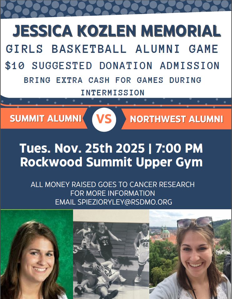 Summit and Northwest Girls Basketball Alumni mark your calendars for our first Jessica Kozlen Memorial Alumni Game! Tuesday November 25th at Rockwood Summit High School at 7pm.

Summit and Northwest Girls Basketball Alumni register here: docs.google.com/forms/d/e/1FAI…

No matter how