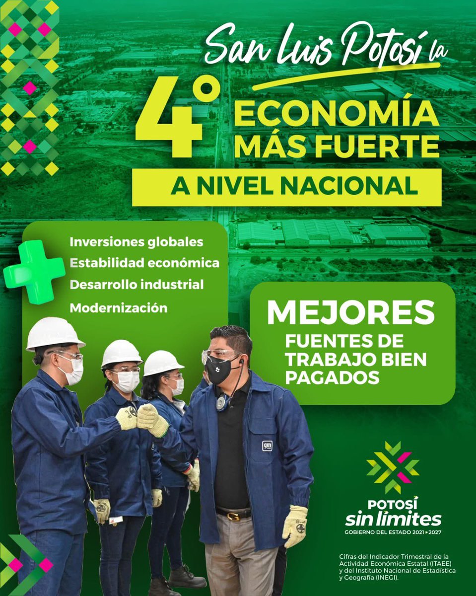 San Luis Potosí crece sin límites💹
Durante el primer trimestre de este posicionamos al Estado entre los 5 con mayor actividad económica. 💪

Con estrategias claras y efectivas, impulsamos un desarrollo sin límites, con más inversiones internacionales, fortaleciendo el sector