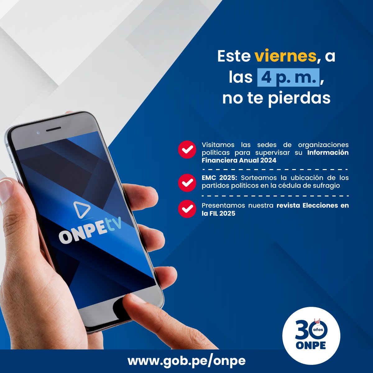 ONPE_oficial's tweet image. 📺 ¡Entérate de las novedades sobre las #EMC2025 y nuestra participación en la @FILLima2025 en #ONPETV!

📅 Todos los detalles, este viernes a las 4 p. m. ¡No te lo pierdas!

#IFA2024 #CuentasClaras #ONPEenRegiones #ONPEenlaFIL