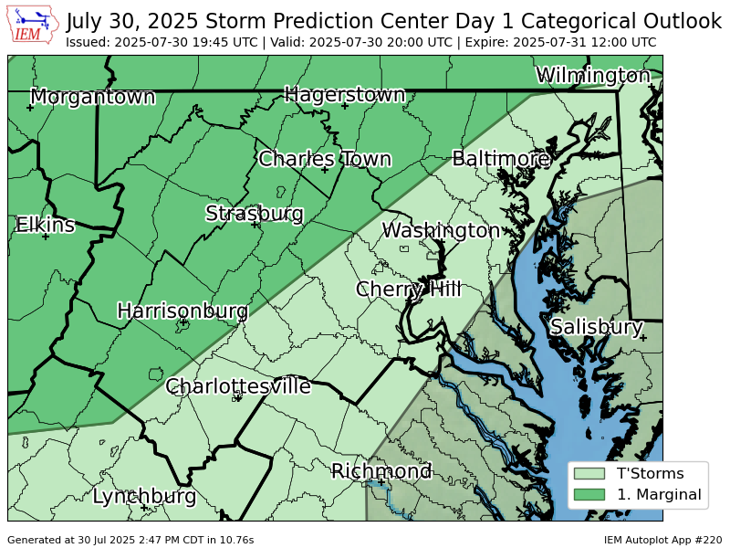 #SPC issues Day 1 Marginal Convective Risk at Jul 30, 19:45z for LWX spc.noaa.gov/products/outlo…