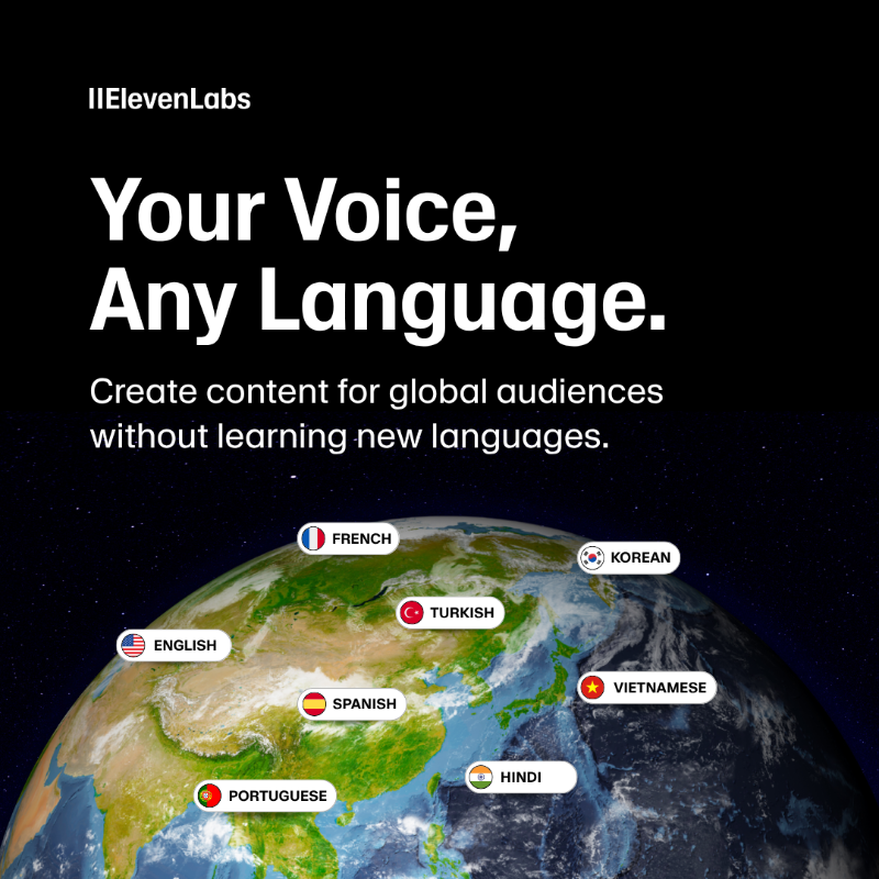 ElevenLabs's tweet photo. Translate audio and video while preserving the emotion, timing, tone, and unique characteristics of each speaker.