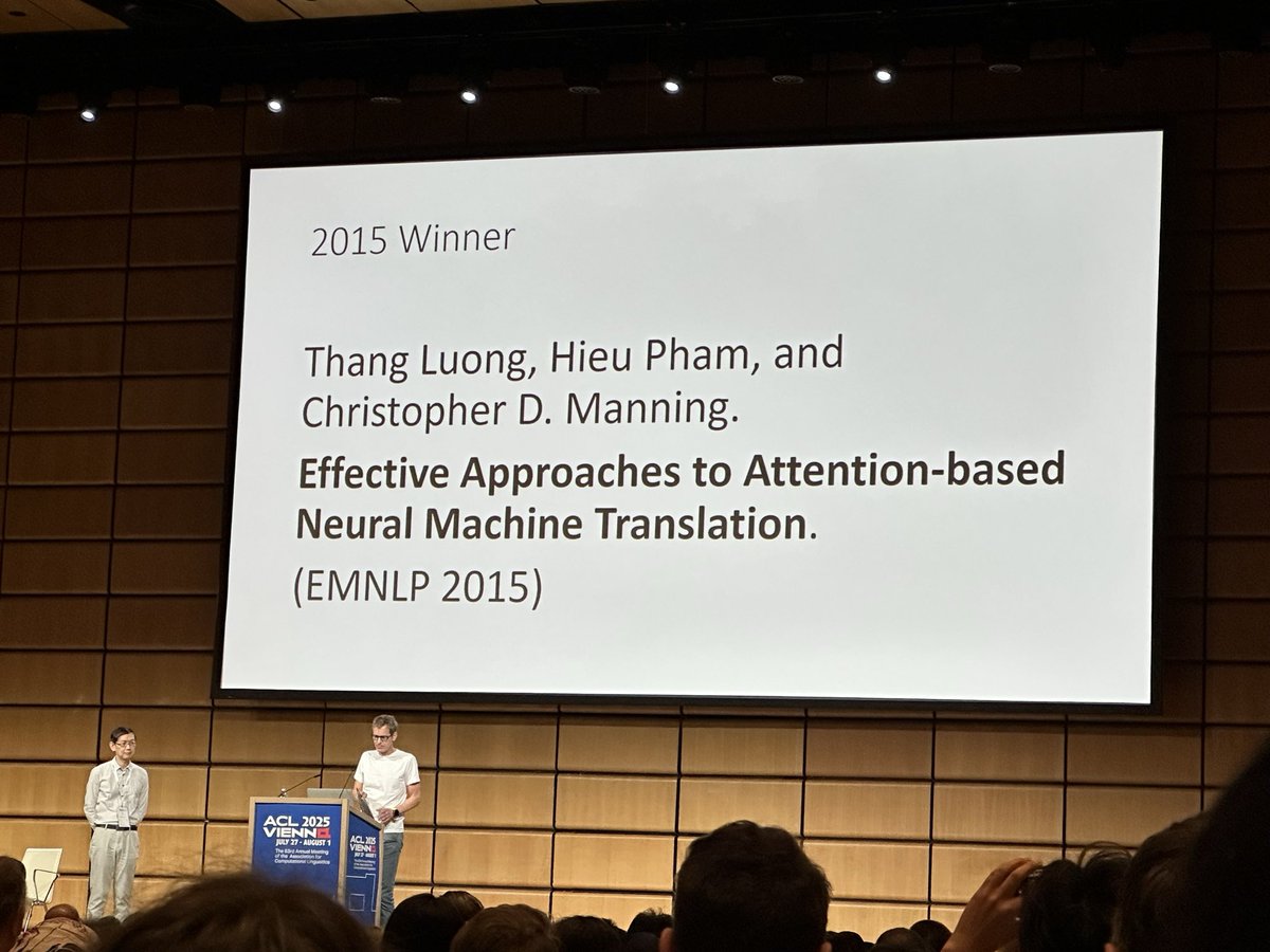 Stanford NLP Group (@stanfordnlp) on Twitter photo The <a href="/stanfordnlp/">Stanford NLP Group</a> founders won both 2025 <a href="/aclmeeting/">ACL 2025</a> test of time awards:
▪25 yrs: Gildea & <a href="/jurafsky/">Dan Jurafsky</a>, Automatic Labeling of Semantic Roles
aclanthology.org/P00-1065/
▪10 yrs: <a href="/lmthang/">Thang Luong</a>, <a href="/hyhieu226/">Hieu Pham</a> & <a href="/chrmanning/">Christopher Manning</a>, Effective Approaches to Attention-based NMT
aclanthology.org/D15-1166/ The <a href="/stanfordnlp/">Stanford NLP Group</a> founders won both 2025 <a href="/aclmeeting/">ACL 2025</a> test of time awards:
▪25 yrs: Gildea & <a href="/jurafsky/">Dan Jurafsky</a>, Automatic Labeling of Semantic Roles
aclanthology.org/P00-1065/
▪10 yrs: <a href="/lmthang/">Thang Luong</a>, <a href="/hyhieu226/">Hieu Pham</a> & <a href="/chrmanning/">Christopher Manning</a>, Effective Approaches to Attention-based NMT
aclanthology.org/D15-1166/