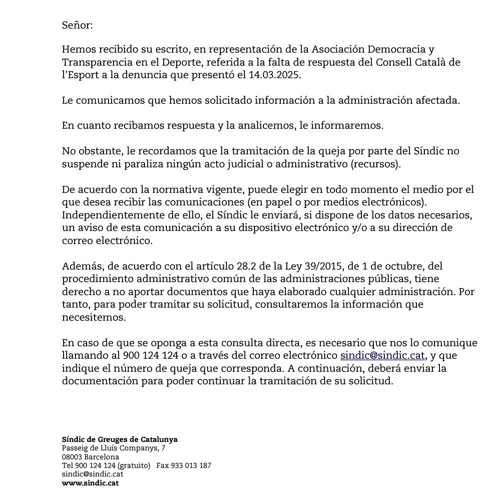 Sra. Directora del Consell Català de l'Esport, <a href="/CarmenBastidaM/">Carmen Bastida</a> 

Me dirijo a usted en calidad de representante de la Asociación Transparencia y Democracia en el Deporte , para denunciar hechos graves de presunta corrupción electoral y otras actividades irregulares relacionadas