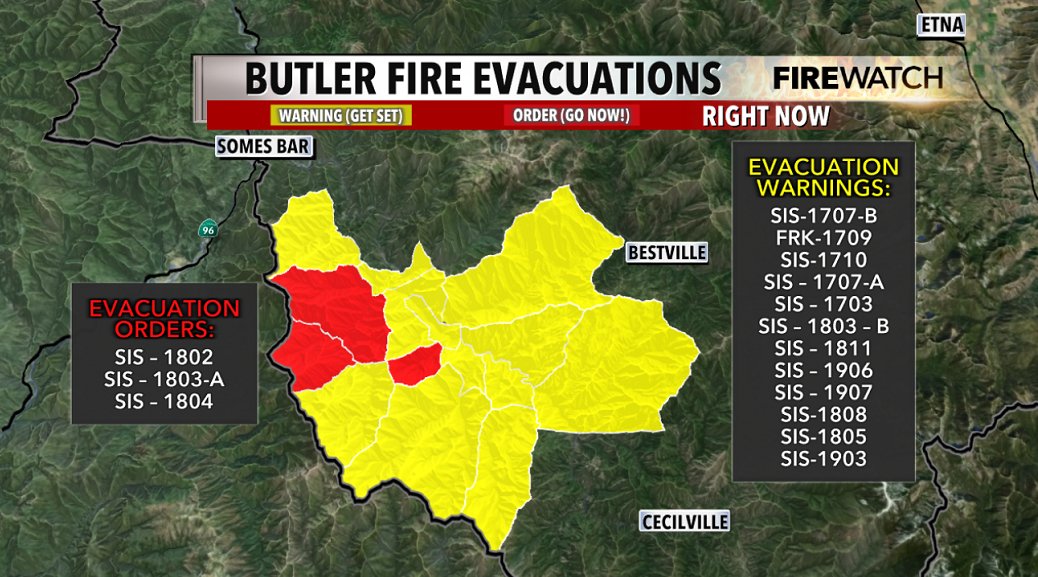 sarakresswx's tweet image. More downgrades to Evacuation Orders for the #ButlerFire have been issued this afternoon. More details can be found on KDRV.com