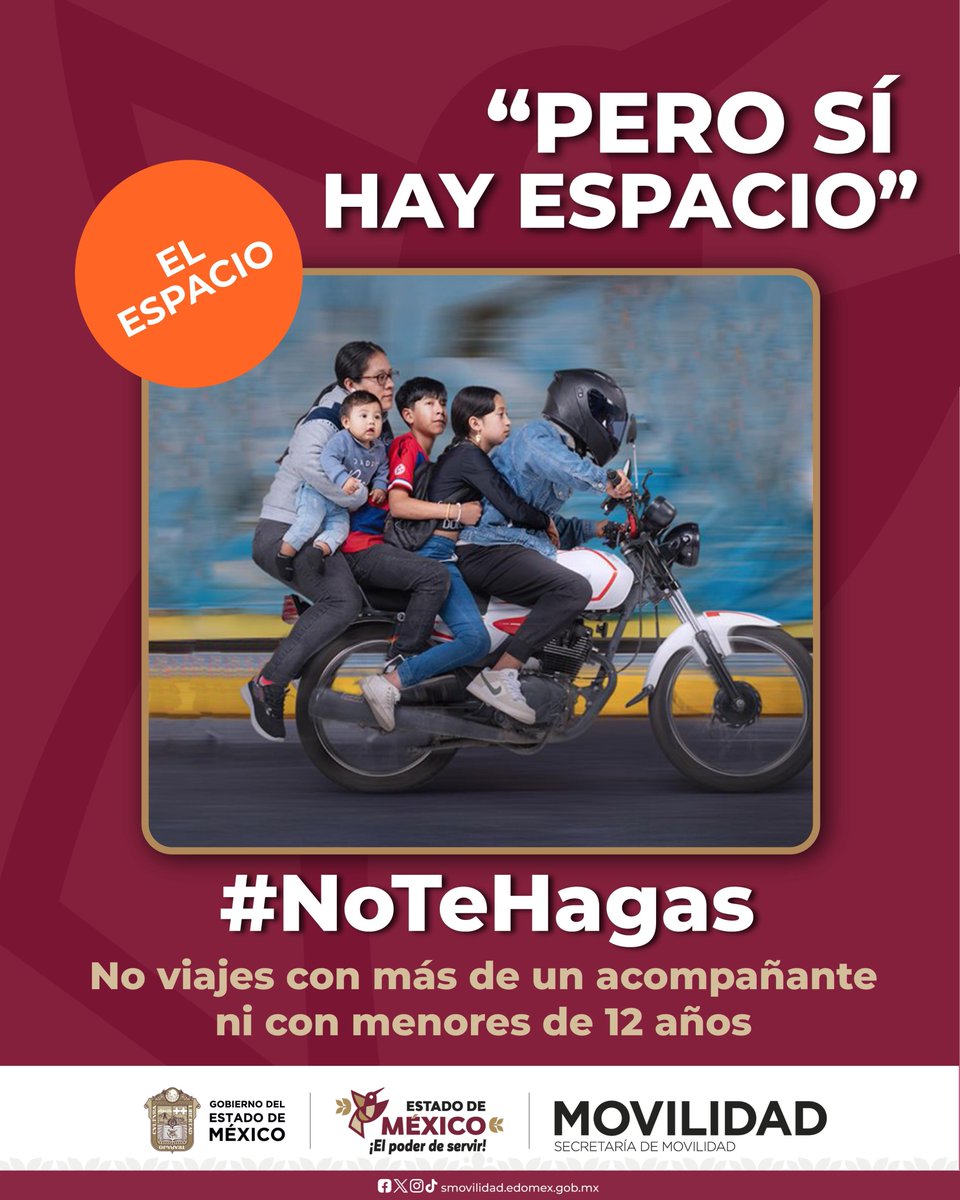 AmbienteEdomex's tweet photo. 🛵 ¡Motociclista, tu vida vale, #NoTeHagas!
🟢 Usa siempre un casco.
🔴 ¡No lleves menores de 12 años!
🔴 La moto NO es para cargar muebles.
🟢 Respeta límites de velocidad.
🔴 No más de un pasajero. https://t.co/B9ImNuIeAq