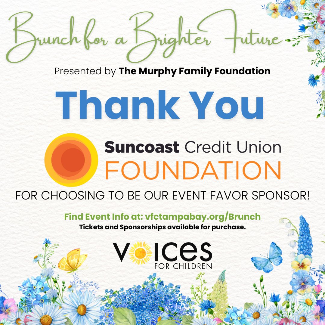 THANK YOU Suncoast Credit Union for being our Event Favor Sponsor! Want to find out what the event favor will be? There's only one way to to find out!!  Get tickets: vfctampabay.org/brunch. #TampaBayEvents #FosterCareSupport #SupportFosterKids #GiveHope <a href="/SuncoastCU/">Suncoast Credit Union</a>