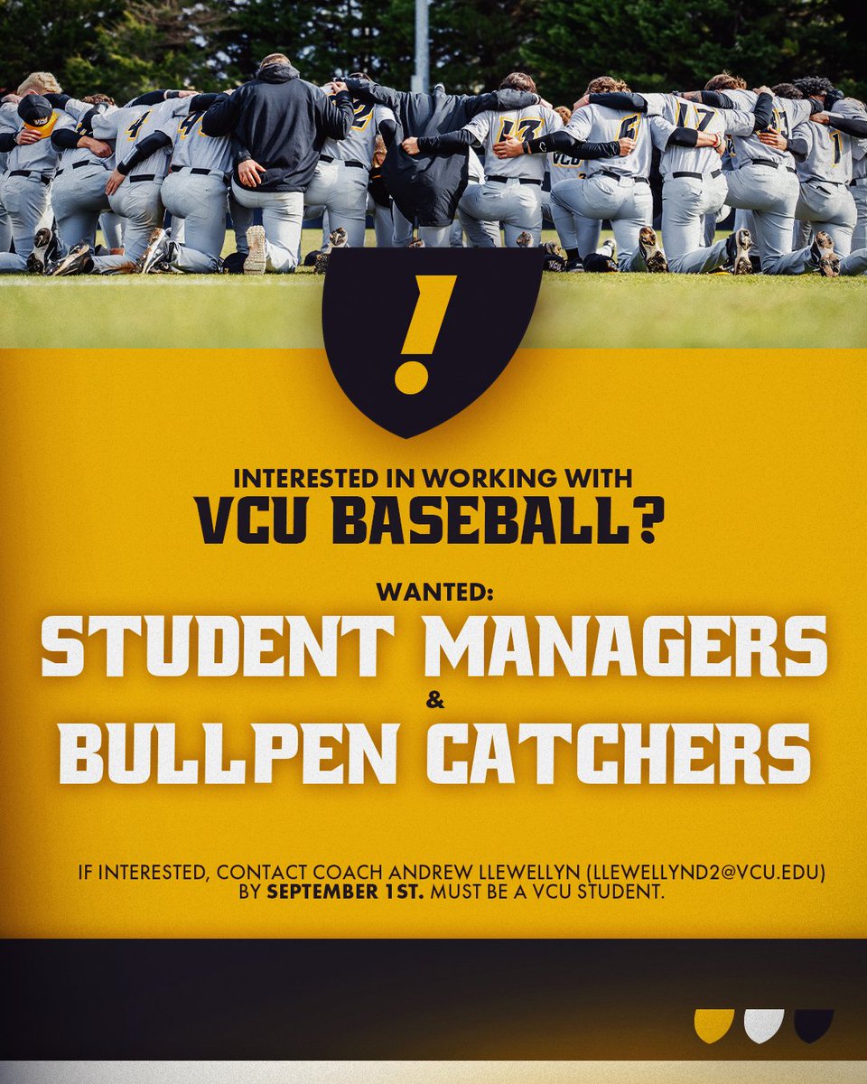 VCU Baseball (@vcubaseball) on Twitter photo Interested in working with Rams Baseball for this upcoming year?🐏
We're looking for:
⚾️ Student managers
⚾️ Bullpen catchers
If interested, Contact Coach Llewellyn at llewellynd2@vcu.edu by Sept. 1st.
#LetsGoVCU Interested in working with Rams Baseball for this upcoming year?🐏
We're looking for:
⚾️ Student managers
⚾️ Bullpen catchers
If interested, Contact Coach Llewellyn at llewellynd2@vcu.edu by Sept. 1st.
#LetsGoVCU