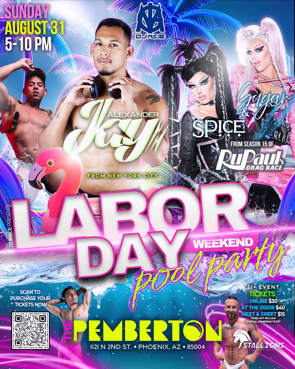 BIG ANNOUNCEMENT! 💥 Sugar &amp; Spice from RuPaul’s Drag Race S15 are joining our Labor Day Pool Party! 💦👯‍♀️ Sunday, Aug 31 • 5–10PM • The Pemberton 🌴 Tix $30 online / $40 door 🎟 Meet &amp; Greet $15 🦄 Scan flyer or hit the link! #OnlyCircuit #LaborDayParty #DragTwins