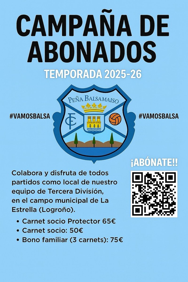 PEÑA BALSAMAISO C.F. (@balsamaiso) on Twitter photo 🤍💙 CAMPAÑA DE ABONADOS 2025-2026 🤍💙
Únete a nosotros y disfruta de todos los partidos de tu equipo en el C.M. La Estrella.
Nueva Temporada, mismo sentimiento
¡Hazte socio!
-Siempre fieles desde 1952-
<a href="/BALSAMAISO/">PEÑA BALSAMAISO C.F.</a> 🤍💙 CAMPAÑA DE ABONADOS 2025-2026 🤍💙
Únete a nosotros y disfruta de todos los partidos de tu equipo en el C.M. La Estrella.
Nueva Temporada, mismo sentimiento
¡Hazte socio!
-Siempre fieles desde 1952-
<a href="/BALSAMAISO/">PEÑA BALSAMAISO C.F.</a>