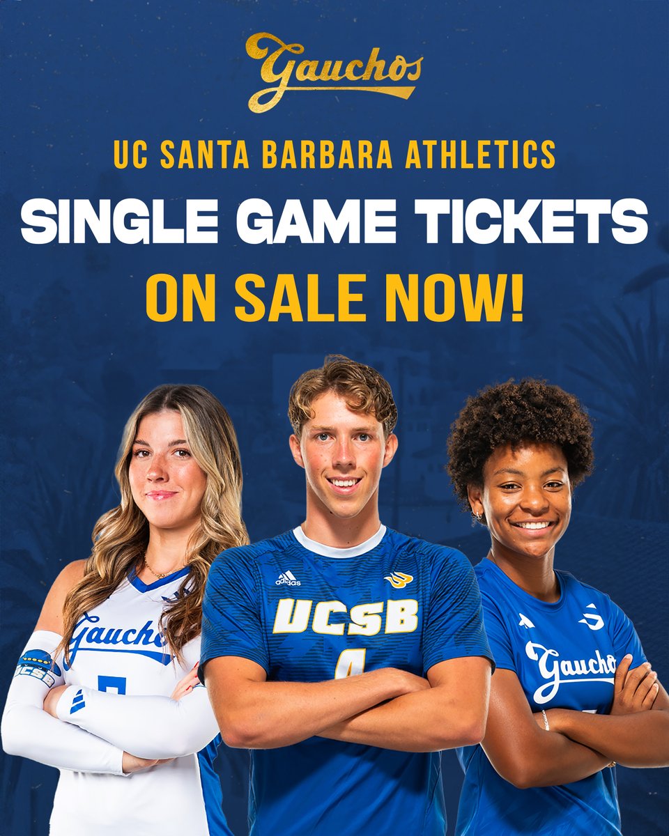 UC Santa Barbara Athletics (@ucsbathletics) on Twitter photo Fall single-match tickets are HERE! Secure your seats to watch <a href="/UCSBMensSoccer/">UC Santa Barbara Men's Soccer</a>, <a href="/UCSBWomenSoccer/">UC Santa Barbara Women's Soccer</a> & @UCSBVolleyball compete for championships right here in Santa Barbara! Visit ucsbgauchos.com/tickets or call 805-893-UCSB (8272) to get yours today!
#GoGauchos Fall single-match tickets are HERE! Secure your seats to watch <a href="/UCSBMensSoccer/">UC Santa Barbara Men's Soccer</a>, <a href="/UCSBWomenSoccer/">UC Santa Barbara Women's Soccer</a> & @UCSBVolleyball compete for championships right here in Santa Barbara! Visit ucsbgauchos.com/tickets or call 805-893-UCSB (8272) to get yours today!
#GoGauchos