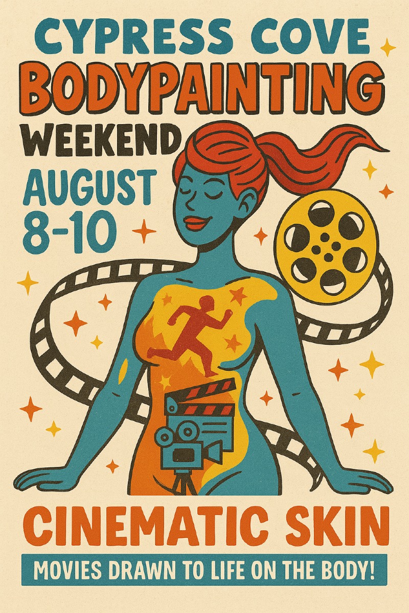 From: CypressCoveResort.com OFFICIAL THEME REVEAL! 
Get ready to step into the scene—this year's Body Painting Weekend theme is CINEMATIC SKIN!
From silver screen legends to cult classics, watch world-renowned artists transform human form into blockbuster masterpieces.
August