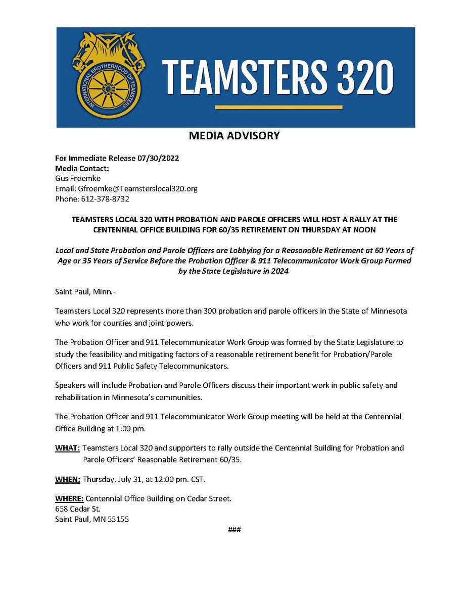 On Thursday, July 31, noon #Teamsters Probation/Parole Officers will host rally at Centennial Office Building for 60/35 before Probation Officer &amp; 911 Telecommunicator Work Group cutt.ly/KrSv9Bam <a href="/StarTribune/">The Minnesota Star Tribune</a> <a href="/PioneerPress/">Pioneer Press</a> <a href="/kare11/">KARE 11</a> <a href="/KSTP/">KSTP</a> <a href="/WCCO/">WCCO | CBS News Minnesota</a> <a href="/FOX9/">FOX 9</a> <a href="/bringmethenews/">Bring Me The News</a> <a href="/AP/">The Associated Press</a>