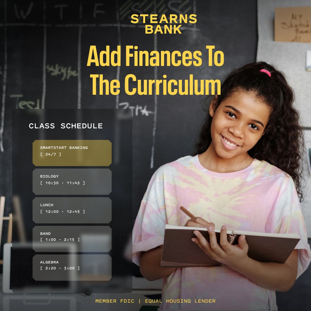 Biology, band, then algebra. Let's add saving, spending, and smart choices to the schedule. SmartStart Banking helps your kids build positive financial habits that stick. Visit our website to learn more: stearnsbank.com/personal/smart…

Member FDIC