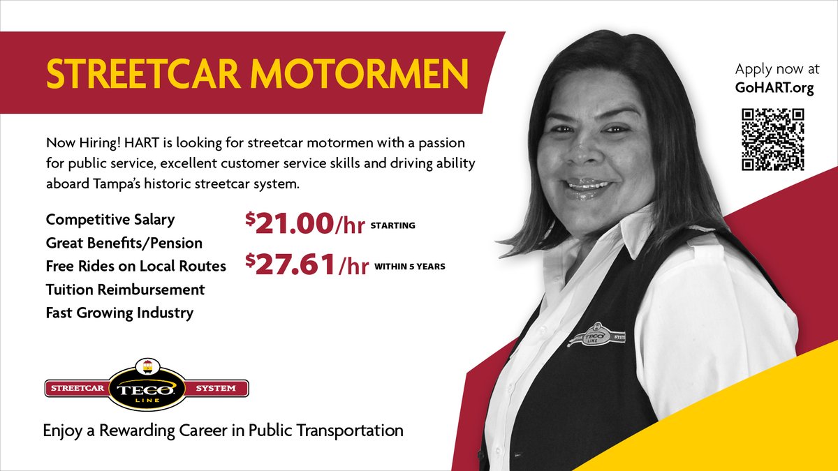 TECO Line Streetcar (@tampastreetcar) on Twitter photo Join the <a href="/TampaStreetcar/">TECO Line Streetcar</a> team!
Weโre hiring Streetcar Operators to help keep Tampa moving! Punctual? Great customer service skills? We want to hear from you!
๐ Starting pay: $21 per hour; $27.61 per hour within 5 years
๐ Excellent benefits
APPLY: gohart.org/Pages/about-haโฆ Join the <a href="/TampaStreetcar/">TECO Line Streetcar</a> team!
Weโre hiring Streetcar Operators to help keep Tampa moving! Punctual? Great customer service skills? We want to hear from you!
๐ Starting pay: $21 per hour; $27.61 per hour within 5 years
๐ Excellent benefits
APPLY: gohart.org/Pages/about-haโฆ